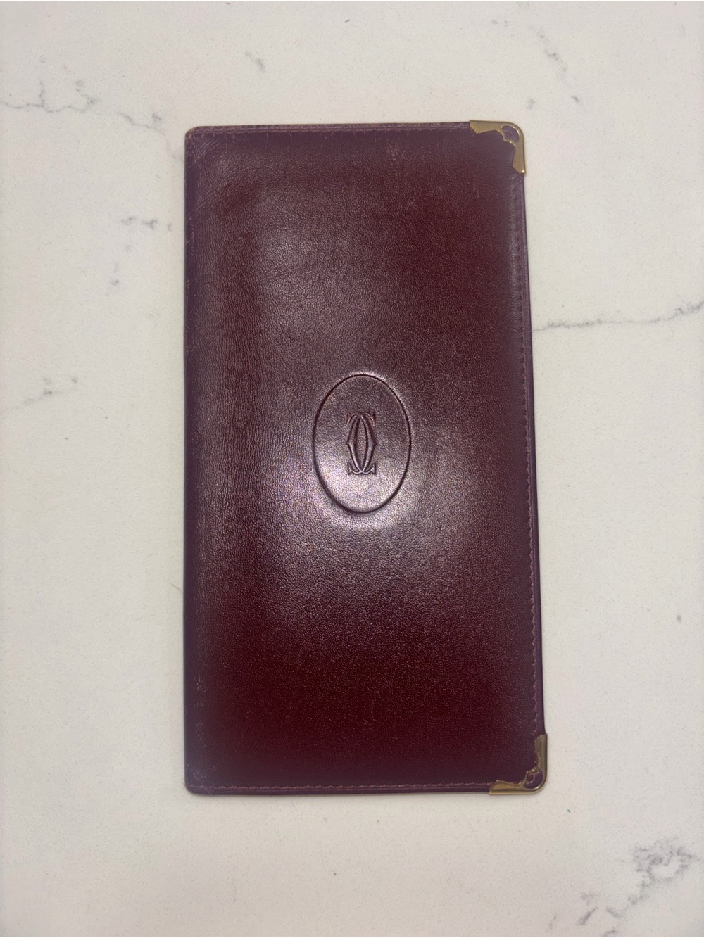 Vintage Cartier Burgundy Leather Long Wallet with Embossed Logo